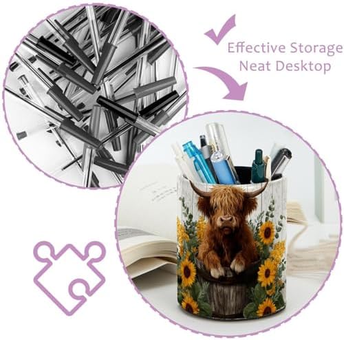 Faux Leather Pen Holder for Desk, Pencil Organizer Highland Cow Pen Cup Desk Decor Makeup Brush Holder Storage for Office Home
