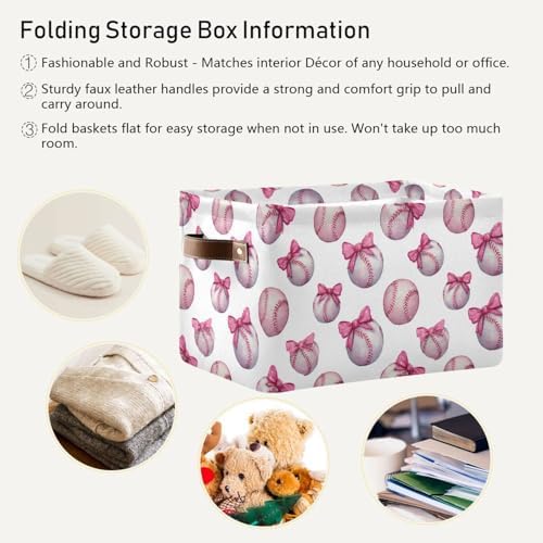 Pink Bow Baseball Square Baskets Storage Bins Foldable Fabric Organizer Bin Open Home Shelf Baskets