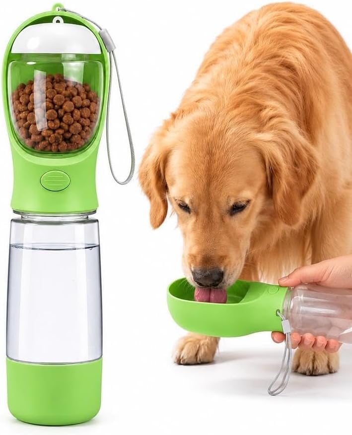 Portable Dog Water Bottle with Bowl, Food Container & Poop Bag Holder, 13.5 oz, Leak Proof Travel Pet Water Bottle for Dogs & Cats, Food Grade Plastic Dispenser for Walking, Hiking & Camping (Green)