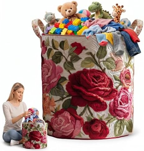 Quilted Laundry Basket with Handles, Boho Floral Fabric Storage Hamper, Large Soft Storage Hamper for Bedroom, Laundry Room, Clothes(20" x 28")