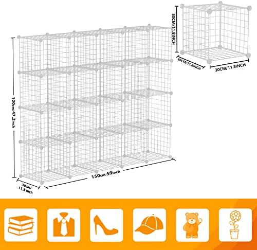 HUBSON Wire Cube Storage Organizer, Book/Toy/Craft/Potted Plants and petCloset Organizers and Storage Shelves, 20-Cube Freely Combinable Metal Grids Storage Shelf, White Iron