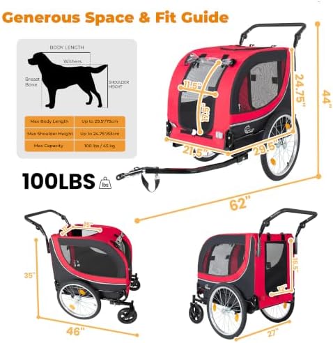 2-in-1 Pet Bike Trailer & Dog Stroller for Ebikes, Heavy-Duty Foldable | Heavy-duty powder-coated steel frame supports up to 100 lbs. 600D Oxford fabric is tear-resistant and sun-protective. Co
