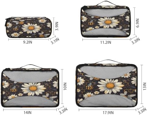 Honey Bumble Bee 4 Set Packing Cubes Luggage Organizer Bags for Travel Accessories and Essentials, Daisy Floral Bee