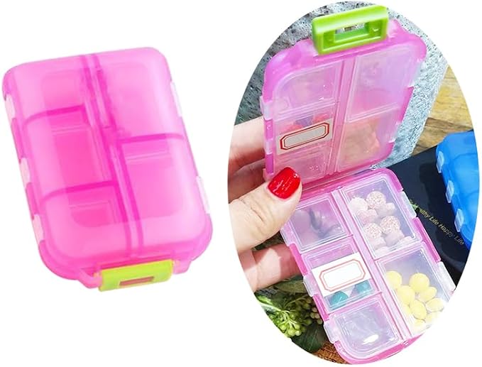 Travel Pill Organizer, Moisture Proof Daily Medicine Dispenser Box | Small Weekly Vitamin Pill Case for Supplement, Fish Oil, Meds, Pocket Pharmacy Cute Capsule Container 10 Compartments, Pink