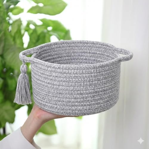 Small Gift Basket Empty to Fill, Gift Bag & Ribbon, Light Grey | Cute Decorative Mini Woven Rope Basket with Handles for Gifting; Reusable for Bathroom Counter or Desk Catchall, 8 x 4.7 in