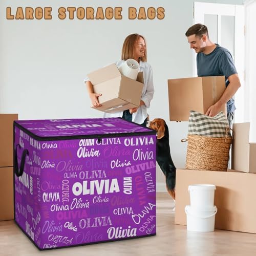 Personalized Storage Bins with Lid, Customized Name Jumbo Storage Basket Rectangle Clothes Organizer for Organizing Kids and Pets Toys Shelf Closet, Dark Voilet Purple Background