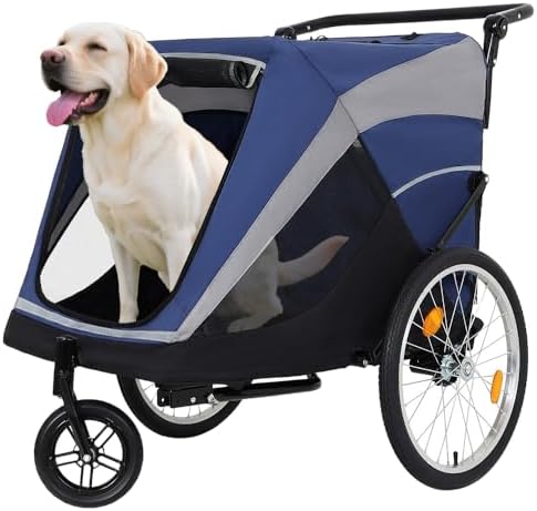 Pet Bike Trailer and Push Cart for Medium Large Dogs – Converts Between Towing and Walking Modes, Holds Up to 100 Lbs with Internal Leash and All-Weather Ventilation