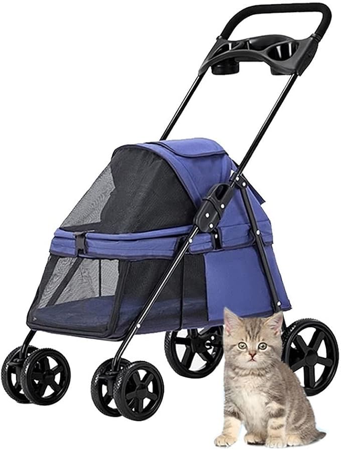 Pet Stroller -Foldable Dog Stroller Small Medium Dogs Cats Pushchairs Portable Travel Carriage Dog Strollers with Storage Basket Cup HolderBreathable Mesh (Color : Blue)