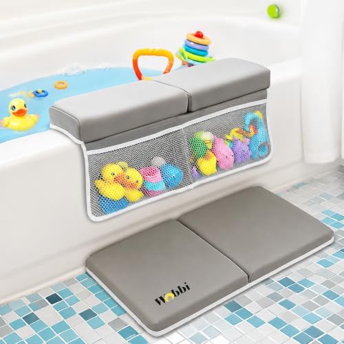 Wobbi Baby Bath Kneeler and Elbow Rest Pad Set | Extra Thick Memory Foam Support for Comfortable Bath Time | Non-Slip Suction Base | 4 Storage Pockets & Quick-Dry Design for Parents | Gray