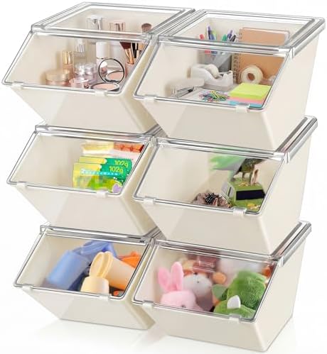Yerliker 6 Pcs Clear Plastic Storage Bins with Lids Large Stackable Pantry Storage Organizer Bins Kitchen Organization Cabinet Organizers Ideal Containers for Fridge, Kitchen, Cabinets (White)