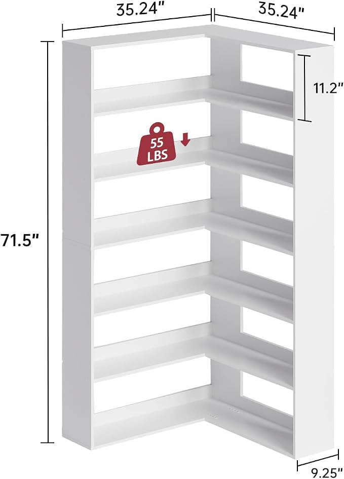 Corner Bookshelf, Freestanding L Shaped Display Shelf, 6 Tiers Bookcase with Baffles, Wooden Bookcase with Storage Organizer for Home Office, Living Room, Bedroom (35.2")