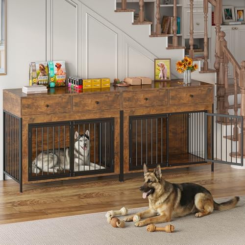 2 Pcs Large Dog Kennel Furniture with 2 Drawers, Wooden Dog Crate, Brown | 44 inch dog crate furniture with storage, decorate end table, dog cage for small medium large dogs