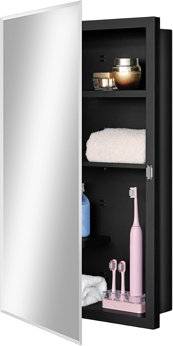 Black 16 x 26 Recessed Metal Medicine Cabinet With Mirror for Bathroom Wall | Black Bathroom Medicine Cabinet with Adjustable Staggered Shelves, Piano Hinge, Left/Right Swing & Matte Powder-Coated Finish