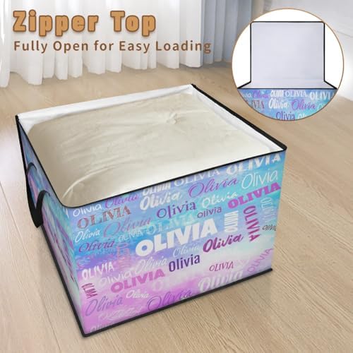 Custom Storage Baskets Cubes for Home with Name, Large Foldable Organizer Collapsible Storage Bins for Home Blanket Comforters Clothes Closet Nursery, Painted Blue Pink Background