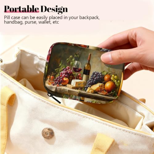 Travel Pill Organizer Artistic Oil Painting Wine Fruit Cheese Pill Case