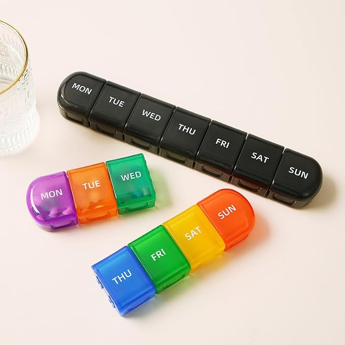 Daily Pill Organizer, 7 Days Detachable Medicine Box Container | Black, Travel Size Vitamin Planner Reminder, Portable Meds Storage 7-Day Holder for Medication, Fish Oils, Supplements