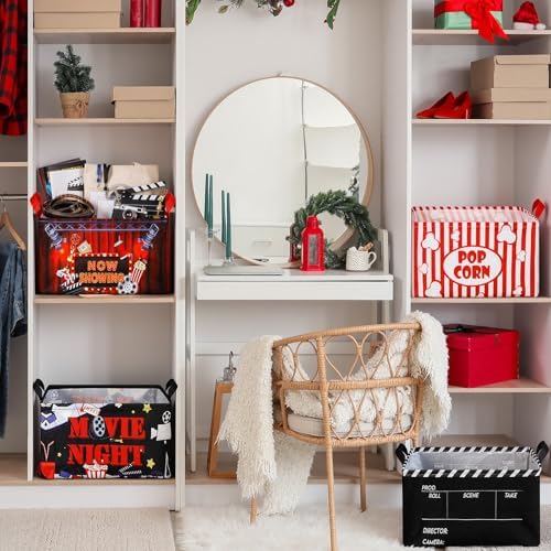Breling 4 Pcs Movie Night Gift Baskets with Handles Movie Night Supplies Theater Clapboard Popcorn Large Collapsible Storage Bins Boxes for Gifts Snacks Wardrobe Shelves Home Storage, 15 x 10 x 8 Inch