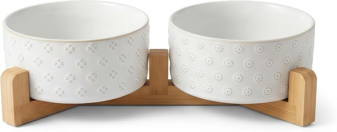 TRUVIC Ceramic Dog Bowl Set of 2 with Wood Stand, Jun Blanc Daisy & Clover Relief Dog Food and Water Bowl Set, 3.5 Cup/28 oz Puppy Food Bowls for Medium Dogs, Dishwasher Safe