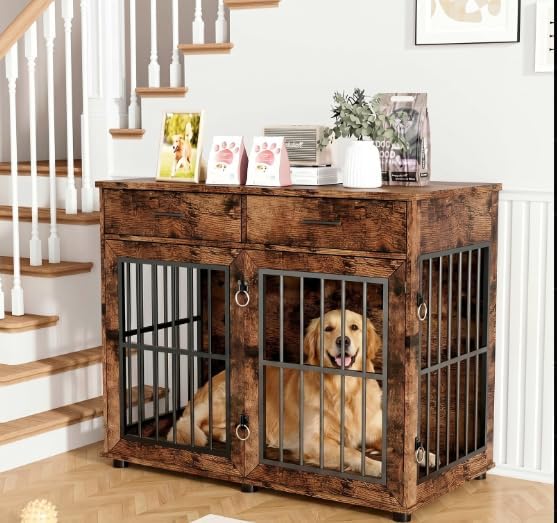VOWNER 43.3" Large Dog Crate Furniture with 2 Drawers, Brown | Wooden Dog Kennel Furniture End Table with 3 Doors, XL Dog Kennel Indoor with Storage, Dog Cage TV Stand for Large Medium Dog