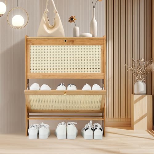 Magshion Narrow Shoe Cabinet for Entryway Slim Thin Bamboo Freestanding Shoe Storage with Flip Drawers for Hallway, Living Room (Natural, 34" x 27" x 7")