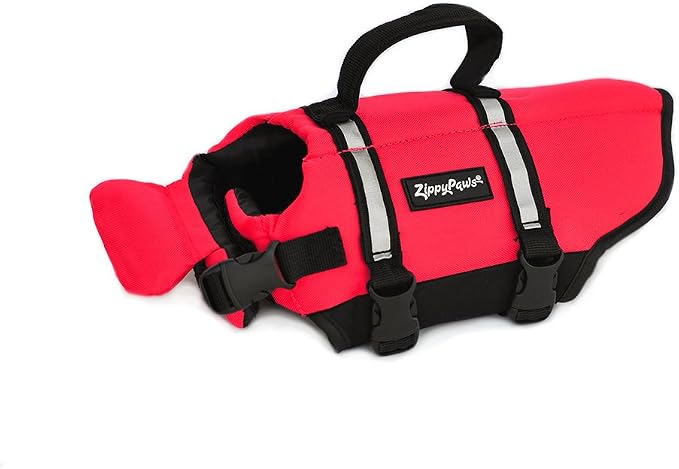 ZippyPaws Adventure Dog Life Jacket - Dog Life Vest for Swimming & Boating | Fits Pets, Lightweight Dog Flotation Device for Water Safety, Padded Handle, Adjustable Fit, 6-10" - XX-Small, Red