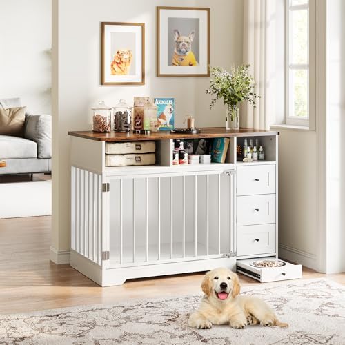IDEALHOUSE 48'' Dog Crate Furniture with Bowl & Storage Drawers, Farmhouse Heavy Duty Dog Kennel Table for Small Medium Dogs, Indoor Wooden Dog Cage for Living Room, Entryway, White