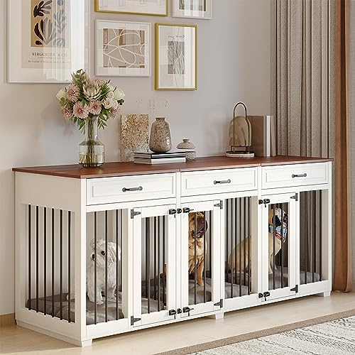 Dog Crate Furniture - Indoor Wooden Dog Kennel Furniture with 2 Dividers, 3 Drawers, and 3 Lockable Doors - 72"x23.6"x31.5"H, White