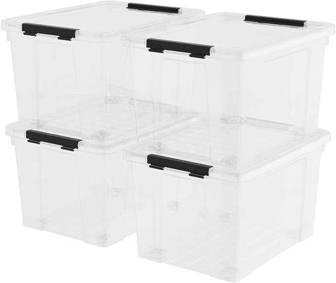 40 Quart Plastic Clear Latching Storage Bin with Wheels, 4 Packs | Stackable Plastic Organizer Totes Box with Lids