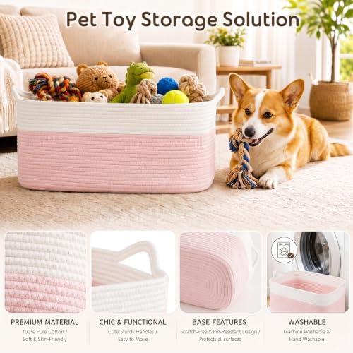 OIASKET Large Empty Cotton Rope Gift Basket with Handles, 16.5"x12.6"x7" Decorative Woven Storage Basket with Gift Bag and Ribbon Set for Baby Shower, Toy Organizer for Kids, Dogs & Cats - Pink&White