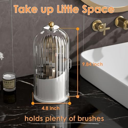 YOOLENS Makeup Brush Holder with Lid 360 Rotating Clear Dustproof Make Up Organizers for Vanity Bathroom Countertop, Transparent