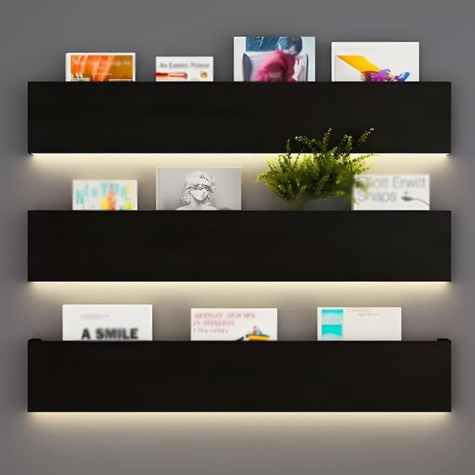 Magazine Holder Wall Mounted, Set of 3, Metal Floating Book Shelves with Built-in Illuminated LED Light, Decorative Display Shelf, for Living Room, Bedroom, Bathroom ( Color : Black , Size : 150x5x20c