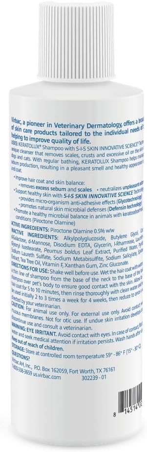 Virbac KERATOLUX® (Piroctone Olamine) Medicated Shampoo for Oily to Flaky Skin, Seborrheic Prone Dogs and Cats - 8 oz