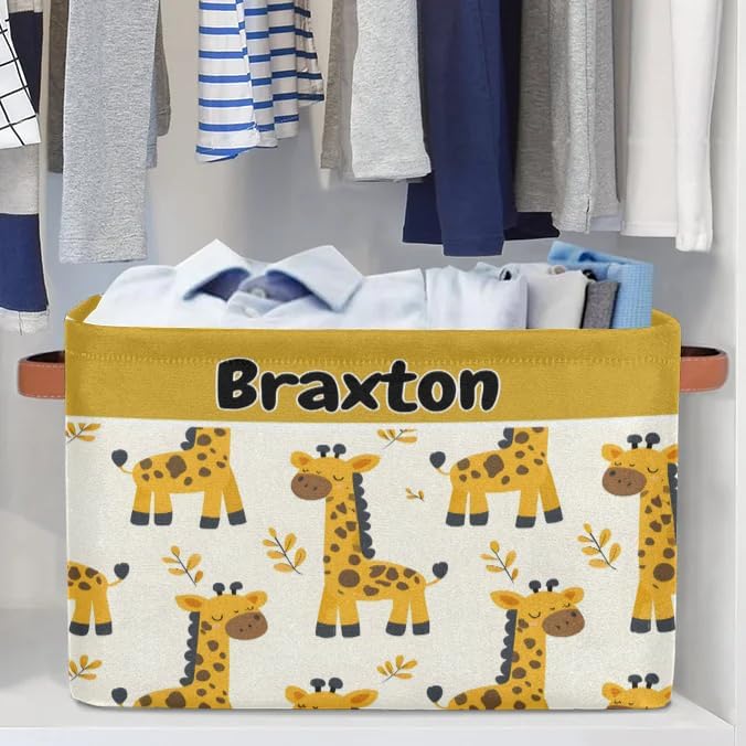 Custom Storage Baskets Name, Personalized Storage Bins Basket Boxes PU Leather Handles for Clothes Bedroom Closet Organizing Toys Books Shelves, Cartoon Giraffes Autumn Yellow Leaves