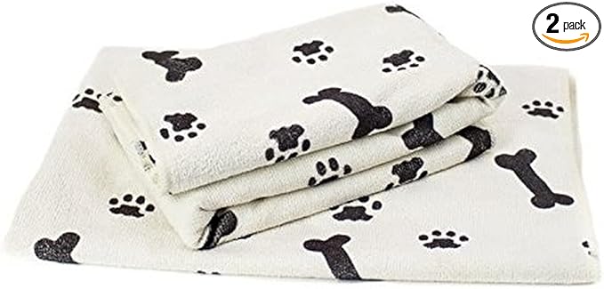 Zwipes Large Microfiber Pet Towels (Size: 30" x 36"), 2-Pack Soft Terry Cleaning Cloths, White with Black Bone/Paw Print