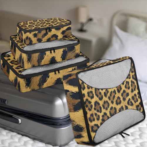 Leopard 4 Set Packing Cubes Luggage Organizer Bags for Travel Accessories and Essentials, Cheetah Print