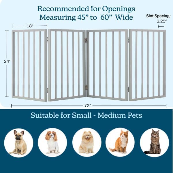 Pet Gate - 4-Panel Indoor Foldable Dog Fence for Stairs, Hallways, or Doorways - 72x24-Inch Retractable Wood Freestanding Dog Gates by PETMAKER (Gray) | Foldable Dog Fence with Accordion Design, Wooden Safety Pet Fence for Stairs, Hallways, Doorways, a...