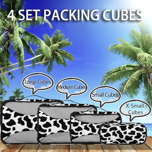 Black White 4 Set Packing Cubes Luggage Organizer Bags for Travel Accessories and Essentials, Fun Cow Print Farm Animal