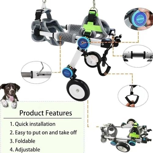 Adjustable Pet Wheelchair for Small Dogs Lightweight Dog Cart with Rear Harness Support, Aluminum Frame Shockproof Wheels, Foldable Frame for Disabled Or Senior Pets