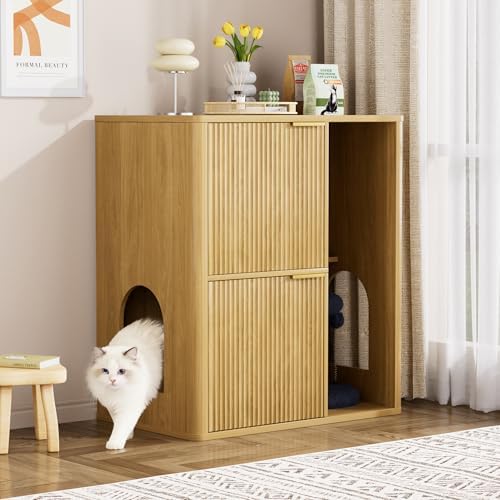 31.5 Inch Cat Litter Box Enclosure with Cat Tree Cabinet, Natural | Hidden Litter Box Furniture with Dual Entry Doors, Storage Shelf, Sisal Scratching Post and Modern Side Table Design