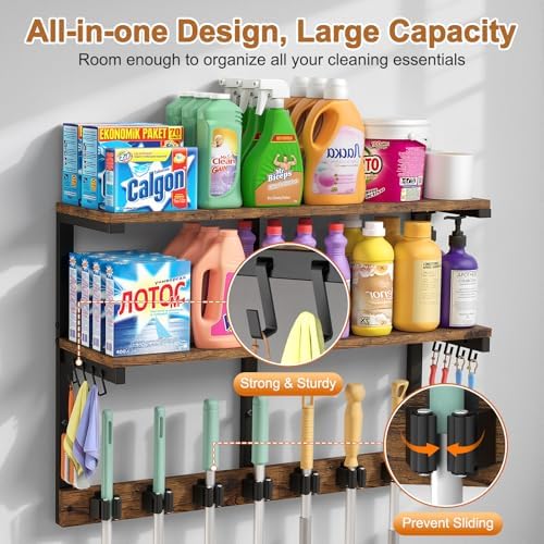 Housolution Wall Mount Broom Holder Hanger Laundry Room Storage Shelves | 2 Tier Large Capacity, Thickened Metal Frame, 100 LBS High Load-Bearing, Multifunctional with 7 Grippers & 8 Hooks