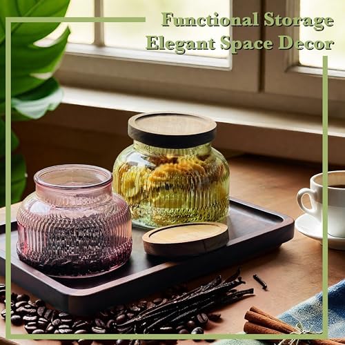 Decorative Pink Ribbed Glass Jar with Airtight Wooden Lid, 40 fl. oz | Wide mouth vintage storage canister, kitchen pantry bathroom organization, coffee sugar tea cookie candy candle vase gift