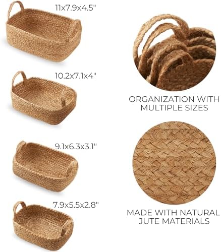 Beautiful Storage Basket Set of 4 - Natural Jute Rope Baskets for Shelves | Perfect for Organizing Your Home - Quality Storage Bins Easily Fit with Any Nursery or Bedroom Decor