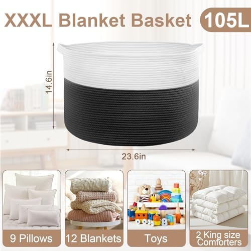 105L Large Blanket Basket Storage with Handles - White & Black