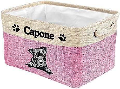 Personalized Fabric Dog Toy Storage Basket with Lovely Dog Pit Bull Collapsible Sturdy Fabric Pet Toys Storage Bin Cube with Handles for Organizing, Pink and White