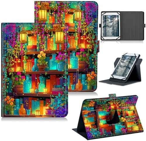 Universal Case for T-Mobile Revvl Tab 2 10.1" Model:9185W 2025/Revvl Tab 5G 10.36" 2023, 360 Degree Rotating Kickstand Protective Stand Leather Shell Cover for 9"-10.5", Bottles Books