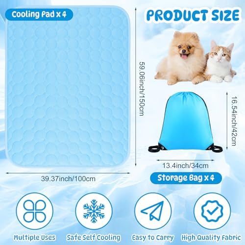 Chunful 39 x 59 Inches 4 Pcs Dogs Cooling Mat for Cats Pet, Summer Washable Dog Cooling Pad with Non-Slip Bottom & Storage Bags, Foldable Self-Cooling Blanket for Crate Sofa Floor Car