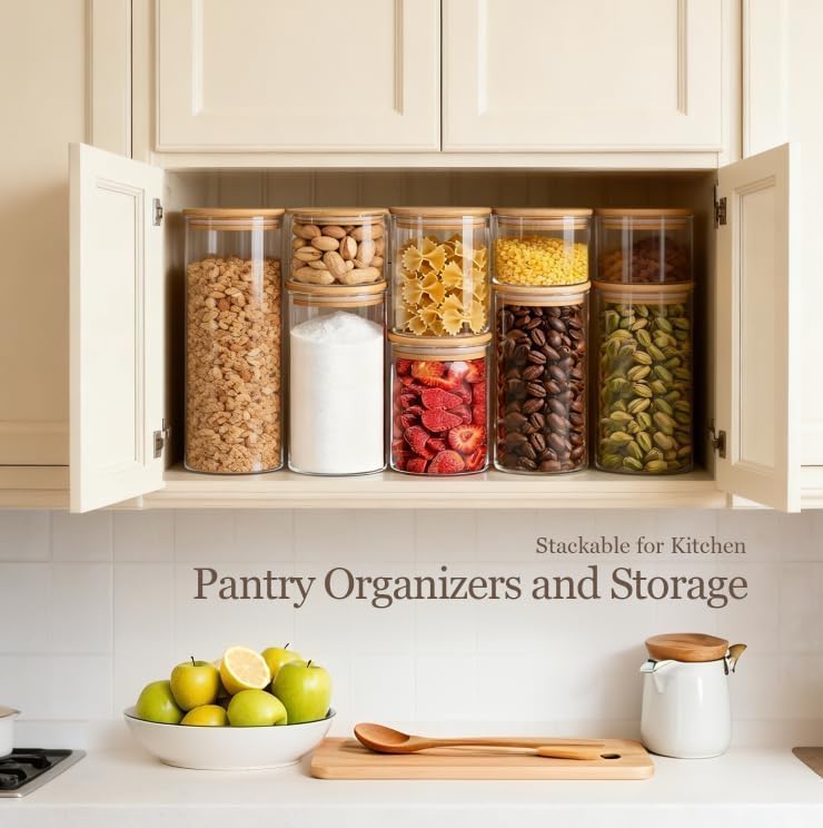 ComSaf Glass Storage Containers with Lids, Set of 6 Jars (0.6Qt/1Qt/1.5Qt) | Glass Pantry Storage Containers, Pantry Organization, BPA Free, Kitchen Canisters, Dry Food Flour Cereal Sugar Tea Coffee
