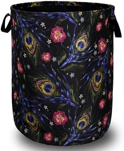 Peacock Feather Laundry Basket Foldable Oxford Cloth Hamper 18.9"x16.5"