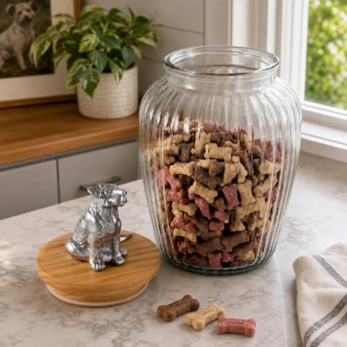 Arthur Court Dog Treat Jar, Stylish Glass Container with Wood Lid and Airtight Seal, Cute Metal Dog Knob, 11 Inch Tall, 72 Ounces