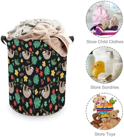 Foldable Waterproof Laundry Basket Floral Flowers Cute Branch Sloth, Portable Hamper with Handles for Clothes, Toy, and Bedroom Organization